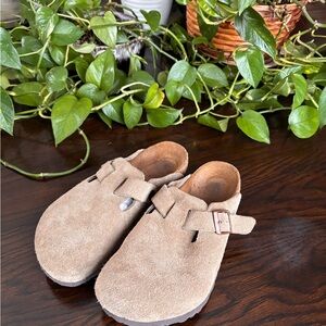 Birkenstock Boston Soft Footbed suede clogs in the taupe color